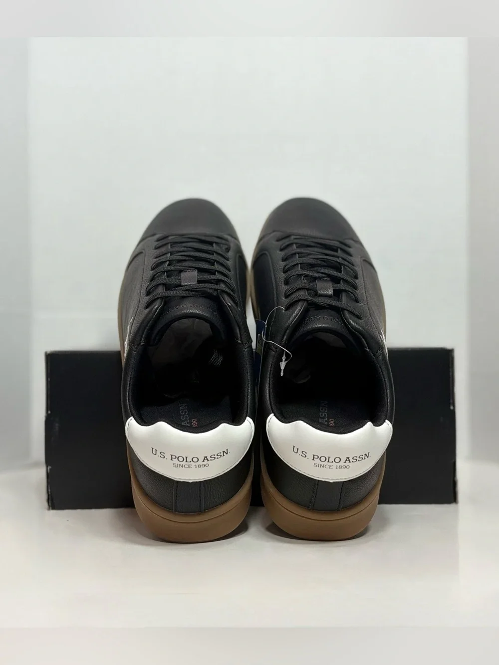 U.S. Polo Assn. Black Leather Sneakers with Brown Sole and White Heel